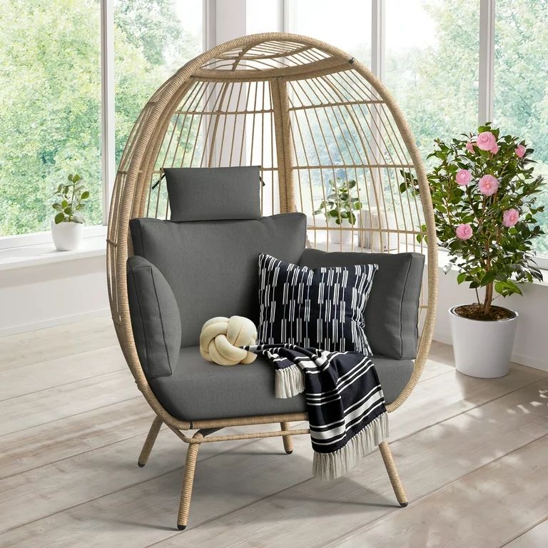 Dextrus Egg Chair, 385lbs Capacity Large Wicker Outdoor Indoor Egg Chairs with Stand Cushion Egg ... | Walmart (US)