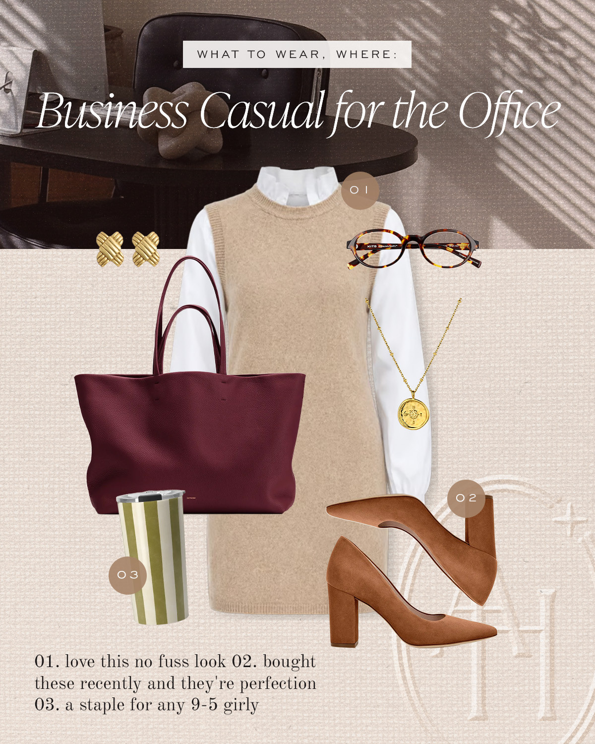 Business casual for the office. The best layered dress, suede pumps, a leather tote and the cutest coffee tumbler.  

 #LTKWorkwear