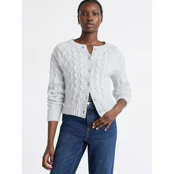 Free Assembly Women's and Women's Plus Cropped Cable Cardigan Sweater, Midweight, Sizes XS-4X | Walmart (US)