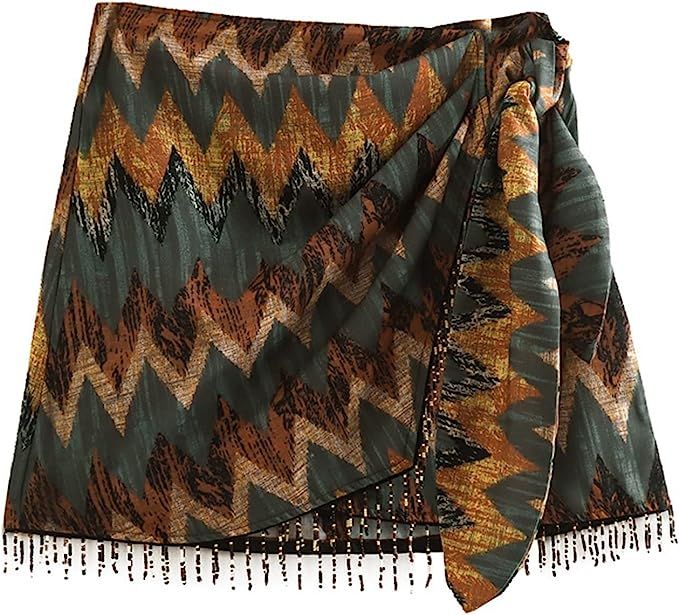 ZOKOL Geometric Print Mini Skirt Knotted Sarong Beaded Fringe Wrap Vestidos Casual Zip Short Skor... | Amazon (US)