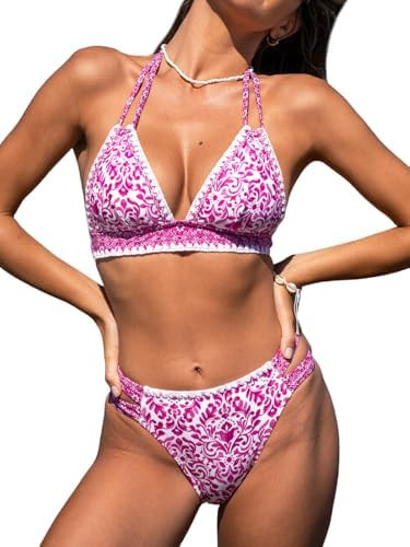 CUPSHE Women's Bikini Sets Two Piece Swimsuit Halter V Neck Back Hook Cutout Stitching Cheeky Bot... | Amazon (US)