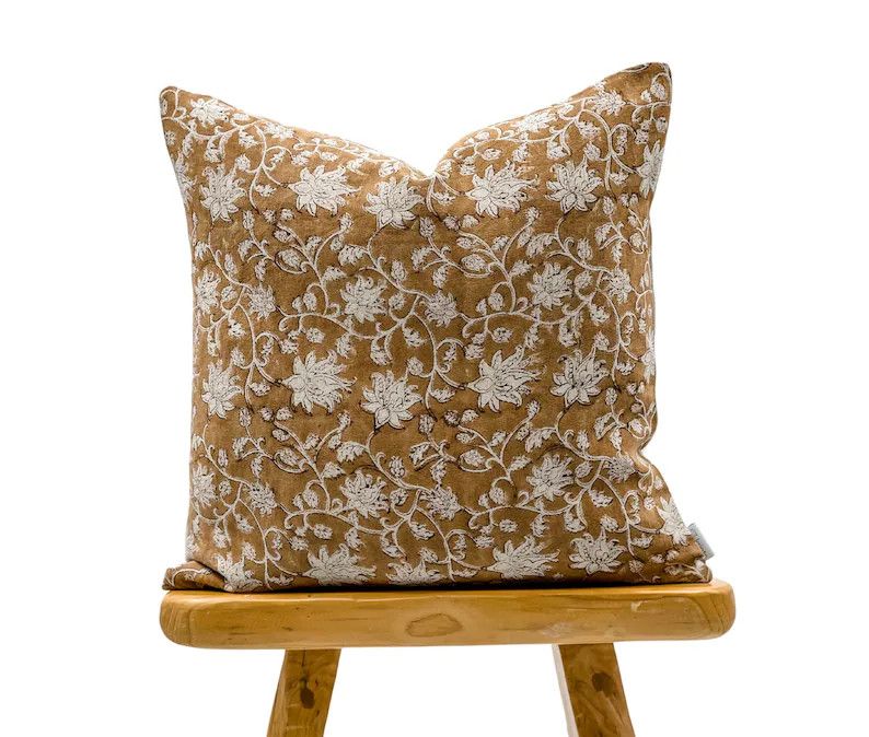 Designer Floral in Tan Brown on Natural Linen Pillow Cover, Floral Pillow cover, Boho Pillow, Dec... | Etsy (US)