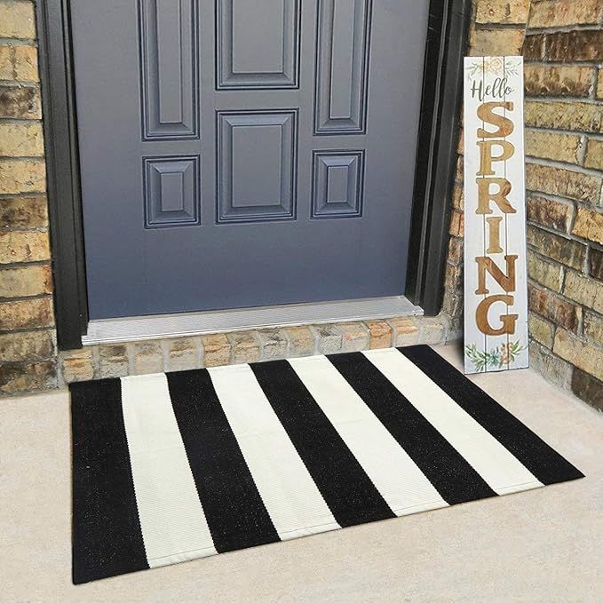 Cotton Black and White Striped Rug 24'' x 35'', Collive Farmhouse Woven Outdoor Rugs Runner, Fron... | Amazon (US)