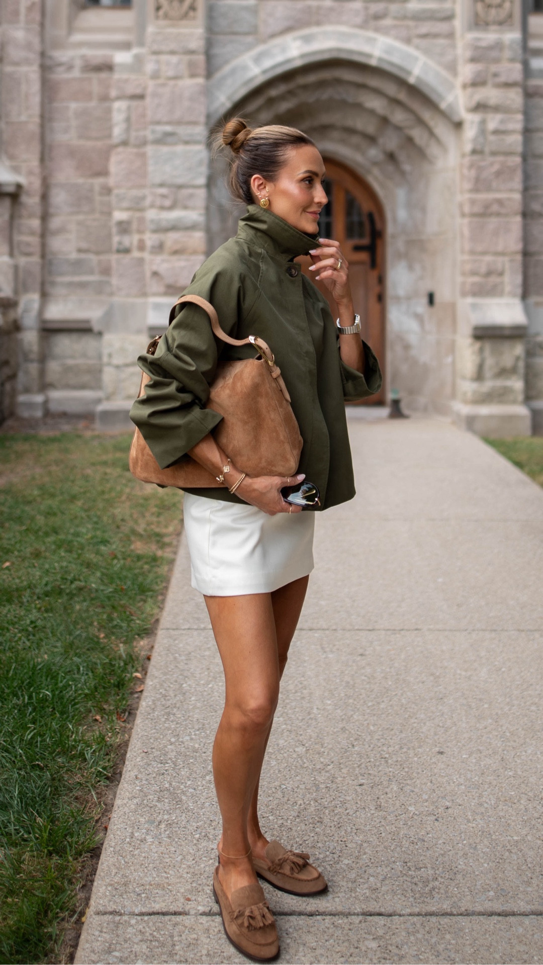Early fall transitioning outfit - size xs on the mini skirt and small on cashmere sweater and high collar trench jacket! 

#LTKStyleTip #LTKItBag #LTKSeasonal