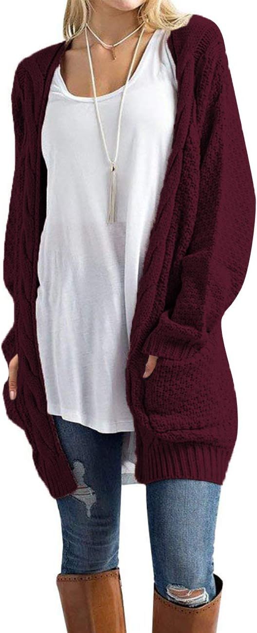 Traleubie Women's Open Front Long Sleeve Boho Boyfriend Knit Chunky Cardigan Sweater | Amazon (US)