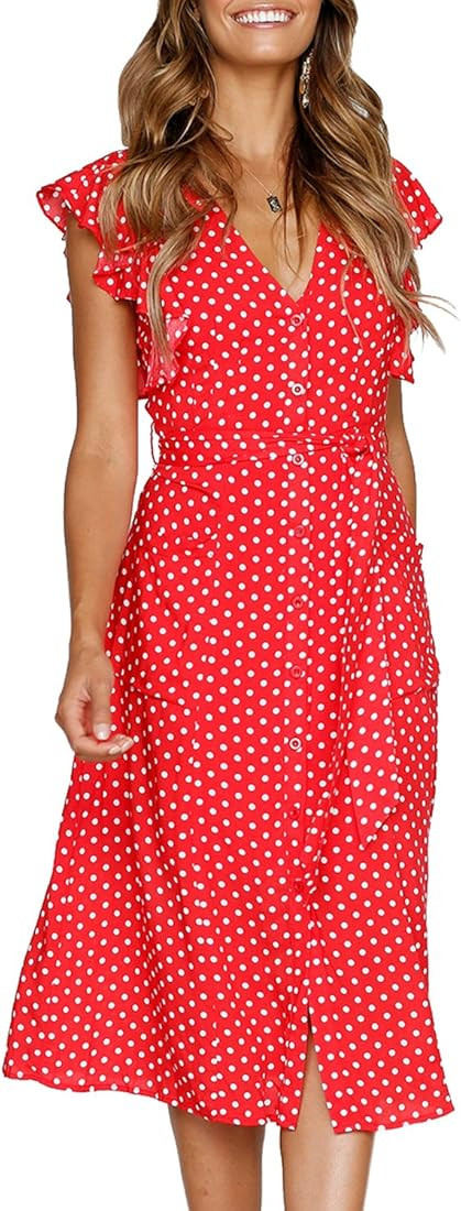 MITILLY Women's Boho Polka Dot Flutter Short Sleeve V Neck Button Down Swing Midi Dress with Pock... | Amazon (US)
