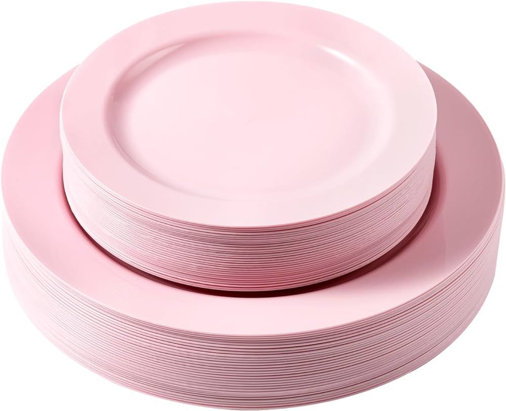 60PCS Pink Plastic Plates, Heavy Duty Disposable Plates for Party & Wedding & Birthday - Include ... | Amazon (US)