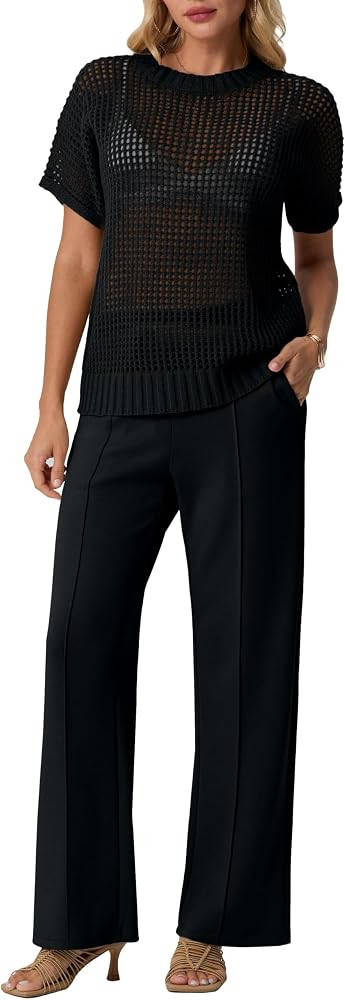 GRECERELLE Women 2 Piece Sets Crochet Sheer Knit Sweater Top & Wide Leg Pants Lounge Travel Match... | Amazon (US)