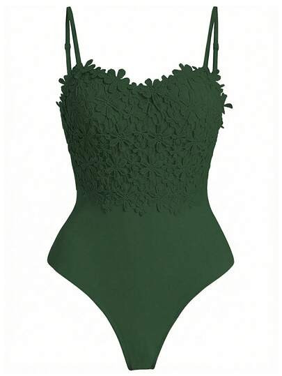 Breezaya Plus Size Women's Fashion Basic Lace Camisole Bodysuit Green Bodysuit Hibiscus Swimsuit ... | SHEIN