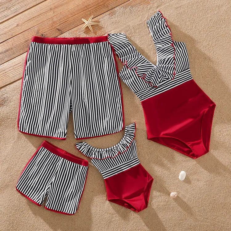 Family Matching Striped Swim Trunks Shorts and Ruffle Splicing One-Piece Swimsuit | PatPat
