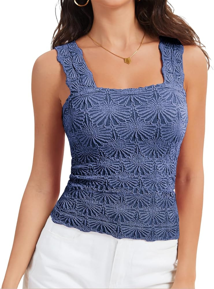 Women's Square Neck Wide Strap Crop Tank Tops Slim Fit Sleeveless Going Out Top Flower Lettuce Tr... | Amazon (US)