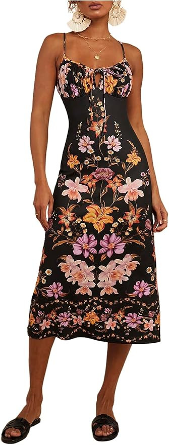Floerns Women's Floral Tie Front Milkmaid Dress Sleeveless Ruched Bust Cami Midi Dresses | Amazon (US)