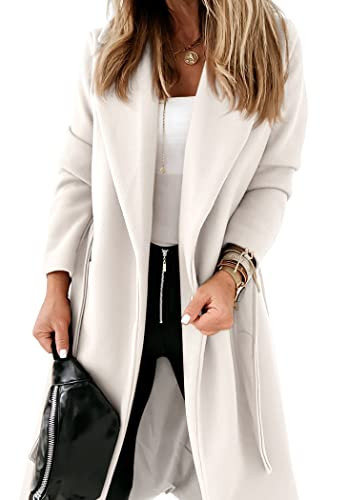 Womens Classic Coat Lapel Collar Open Front Belted Long Jacket | Amazon (US)
