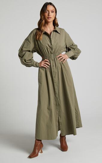 Merabelle Midi Dress - Side Cut Out Collared Long Sleeve Shirt Dress in Olive | Showpo (US, UK & Europe)