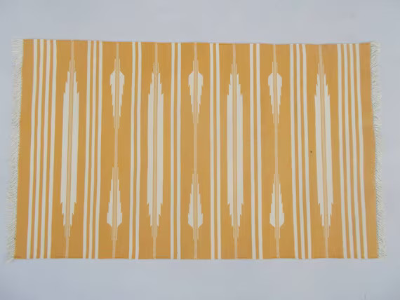 Multiple Sizes Yellow And White Stripes Handmade Cotton Rug Dhurrie-  Beautiful Yellow Rug | Etsy (US)