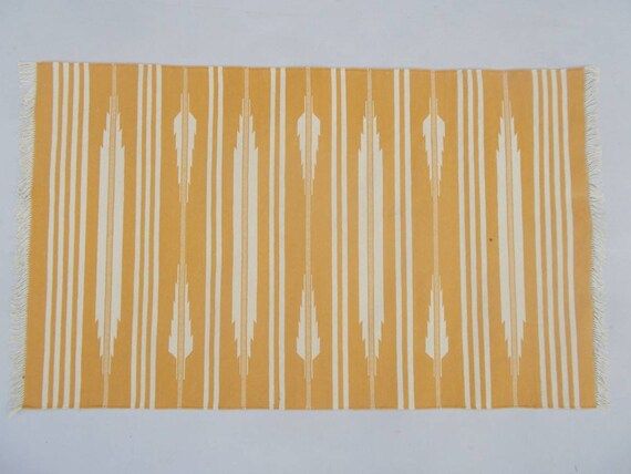 Multiple Sizes Yellow And White Stripes Handmade Cotton Rug Dhurrie-  Beautiful Yellow Rug | Etsy (US)