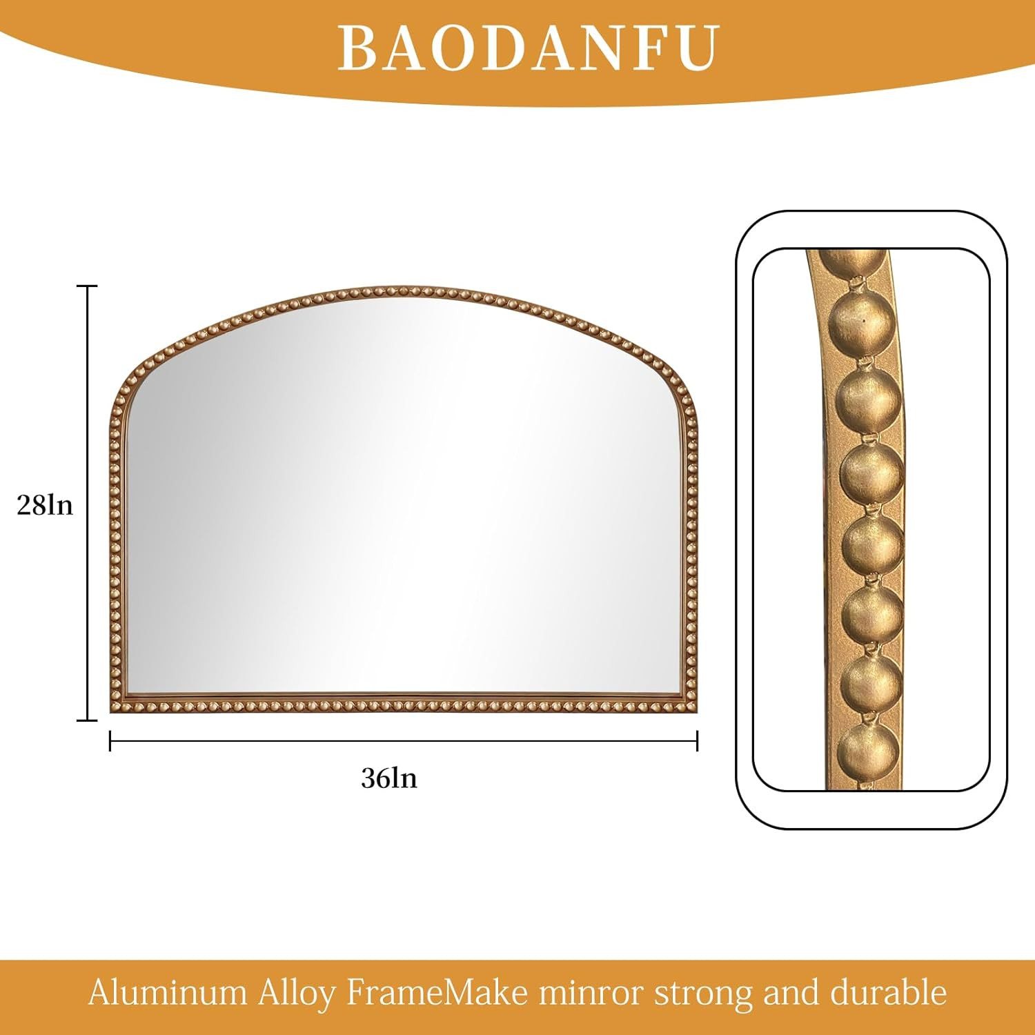 BAODANFU Vanity Mirror for Bedroom, 35" x 28" Large Arch Vintage Gold Wall Mirror, Beaded Frame D... | Amazon (US)