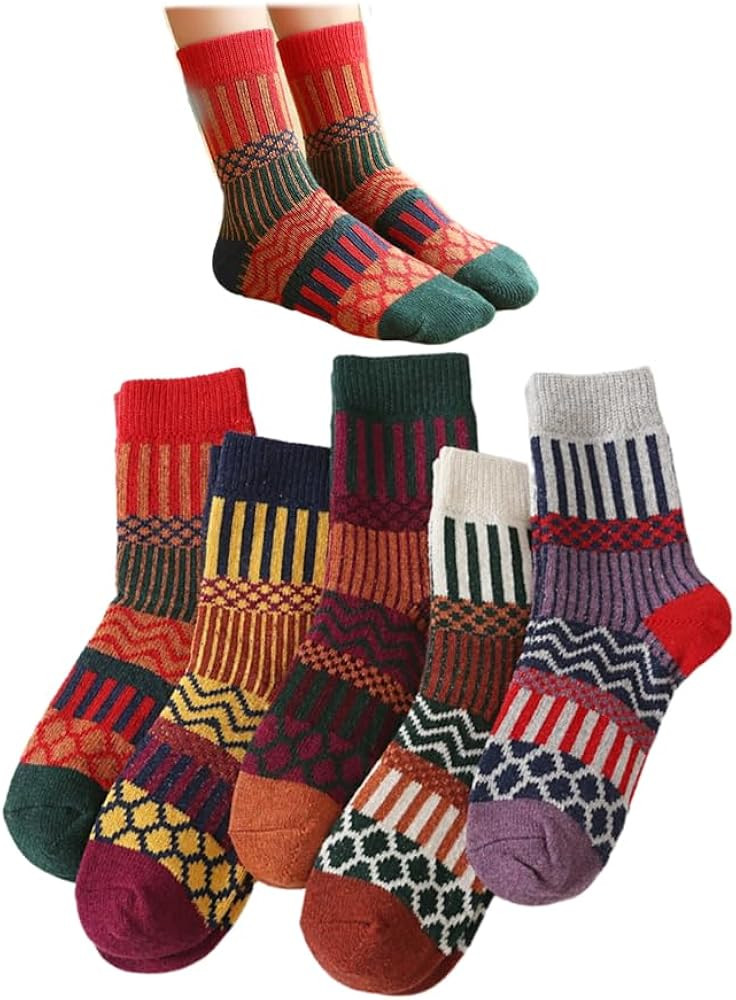 5-Pairs Vintage Knitting Stripe Reindeer Wave Pattern Women’s Fluffy Cute Crew Socks Warm Soft ... | Amazon (US)