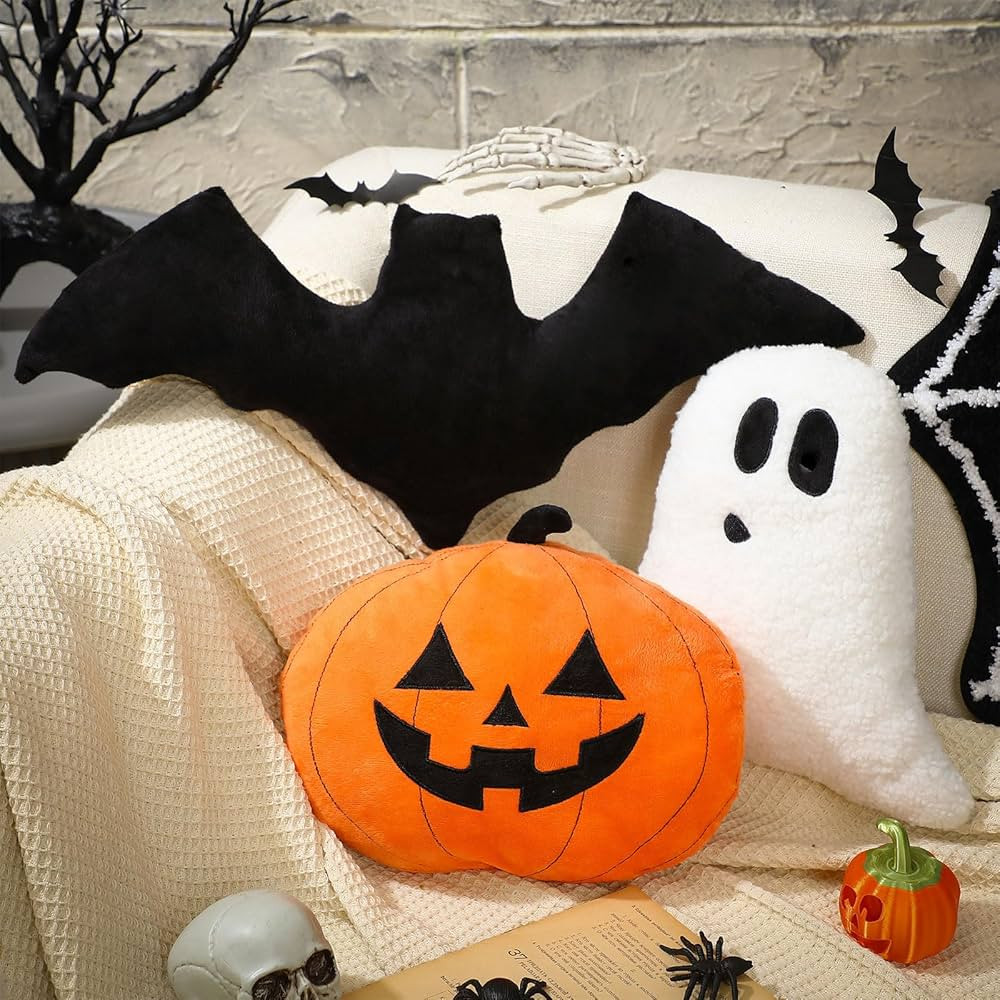 Huwena 3 Pcs Happy Halloween Pillow Pumpkin Ghost Bat Shaped Throw Pillow Crystal Velvet Wool Dec... | Amazon (US)