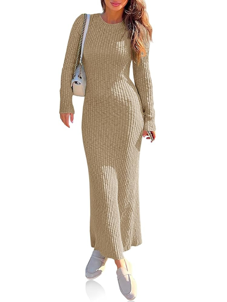Wenrine Womens Sweater Maxi Dress Long Sleeve Knit Ribbed Crew Neck Slim Fit Casaul Fall Long Dre... | Amazon (US)