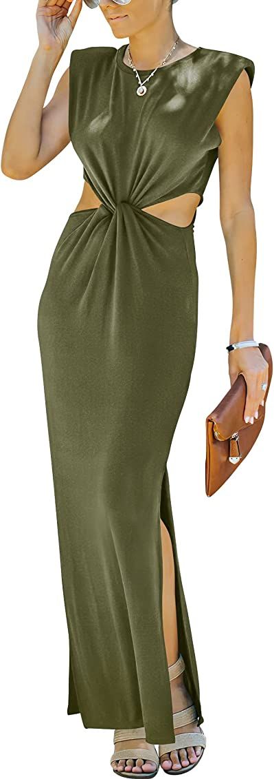 Prinbara Womens Summer Cut Out Maxi Dress Solid Color Sleeveless Split Long Party Bodycon Knitted Dr | Amazon (US)