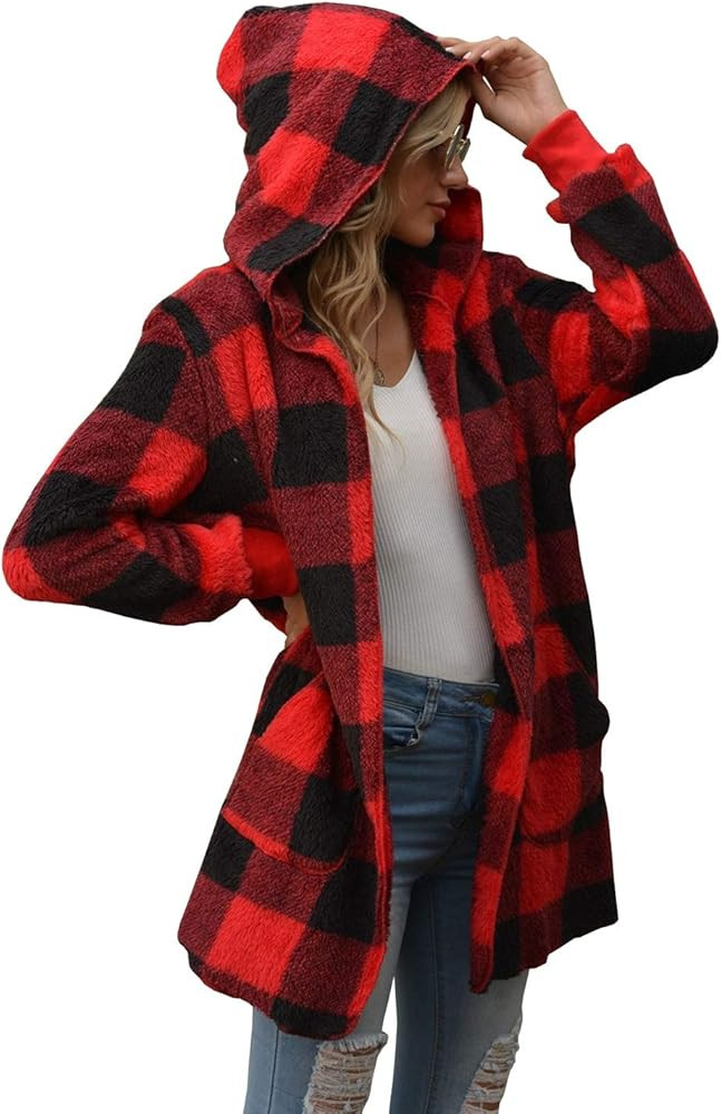 SENSERISE Womens Fuzzy Fleece Jacket Open Front Hooded Cardigan Tie Dye Plaid Sherpa Coat with Pocke | Amazon (US)