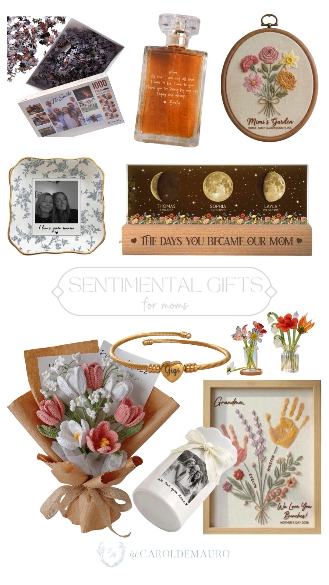 Want to make her heart melt this Mother's Day? You can't go wrong with a personalized touch, like a moon phase display, a crochet flower boquet, a ceramic vase, a perfume bottle, a customized photo frame, or a dainty heart bracelet.

etsy finds, sentimental gifts, mother's day gifts, DIY crafts, room decor inspo, personalized gifts, motherhood, handmade with love

#LTKSeasonal #LTKHome #LTKU