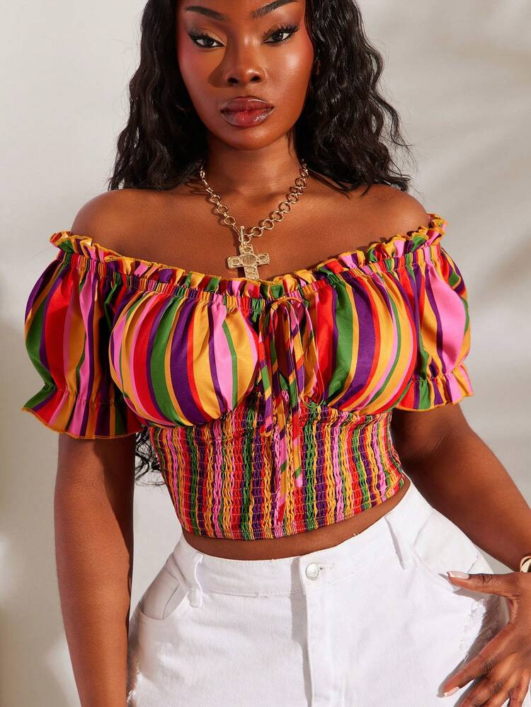 SHEIN SXY Plus Size Women's Vacation High-Saturation Colorful Striped Print Off-Shoulder Tie-Up Ruffled Cropped Blouse For Women,Fashionable,Elegance,Sexy,Vacation,Valentine's Day,Wedding Guest,Vintage,Party,Prom,Printemps À Été,Going Out,Vintage,Spring To Summer,Elegant Dresses For Women,Holiday Dress, Boho,Casual Dresses For Women,Festival Dress,Street Style Outfits, Going Out Tops | SHEIN