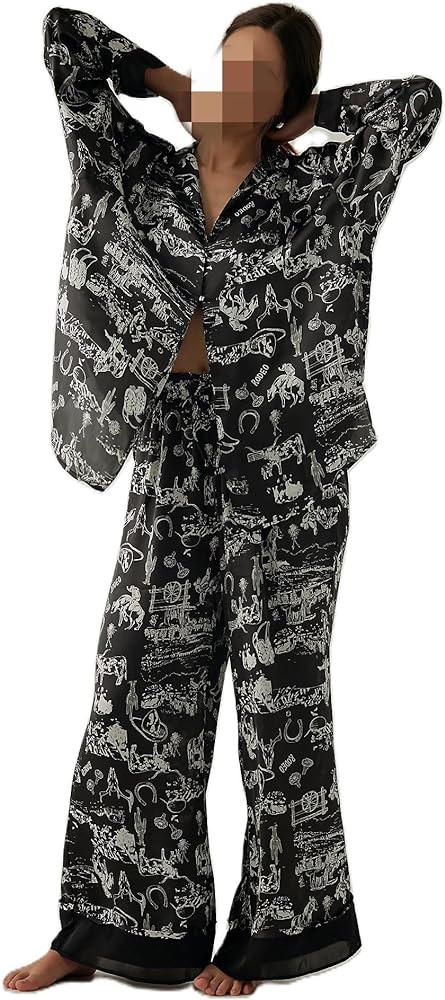 Womens Y2k Silk Pajama Sets Floral Print Long Sleeve Button Down Shirts Wide Leg Pants 2 Piece Lo... | Amazon (US)