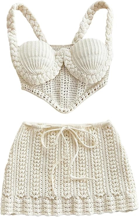 MakeMeChic Women's 2 Piece Sets Crochet Braided Crop Tops Mini Skirt Summer Beach Vacation Set | Amazon (US)