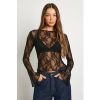 boohoo Women's Lace Boat Neck Flare Sleeve Top in Black | Size: 2 | Denim | boohoo (US & Canada)