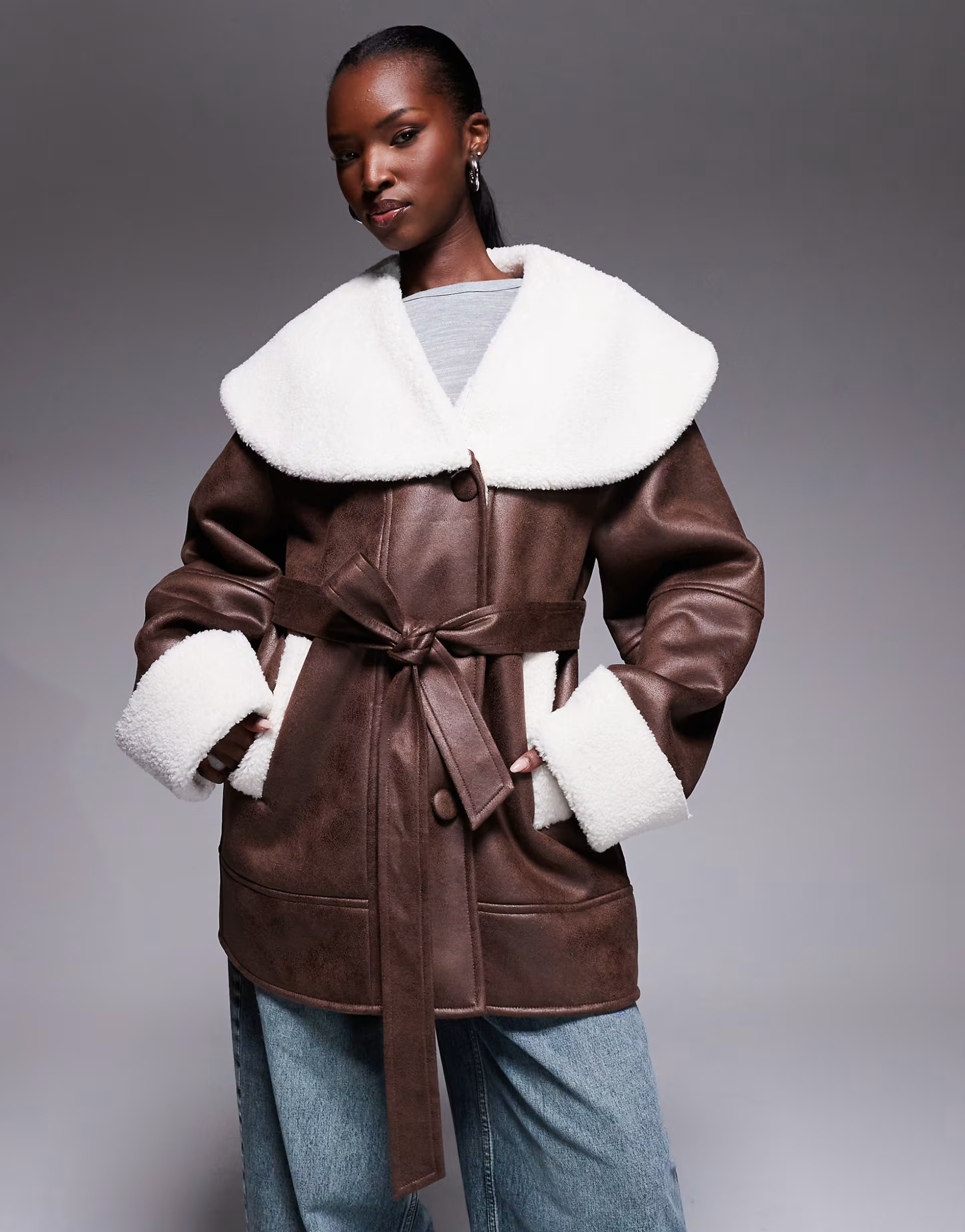 The Frolic exclusive faux shearling and cream borg contrast belted coat in brown | ASOS (Global)