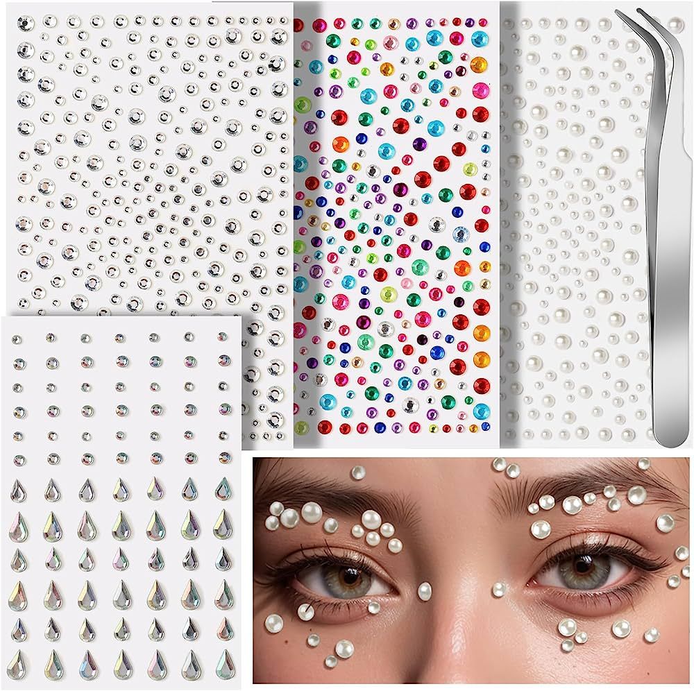 Teenitor Self Adhesive Face Gems and Pearls for Makeup, Festival Jewels, Hair Gems, Rhinestone St... | Amazon (US)