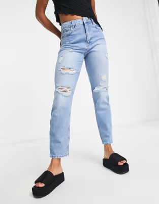 Noisy May Isabel high waisted ripped Mom jeans in light blue | ASOS (Global)