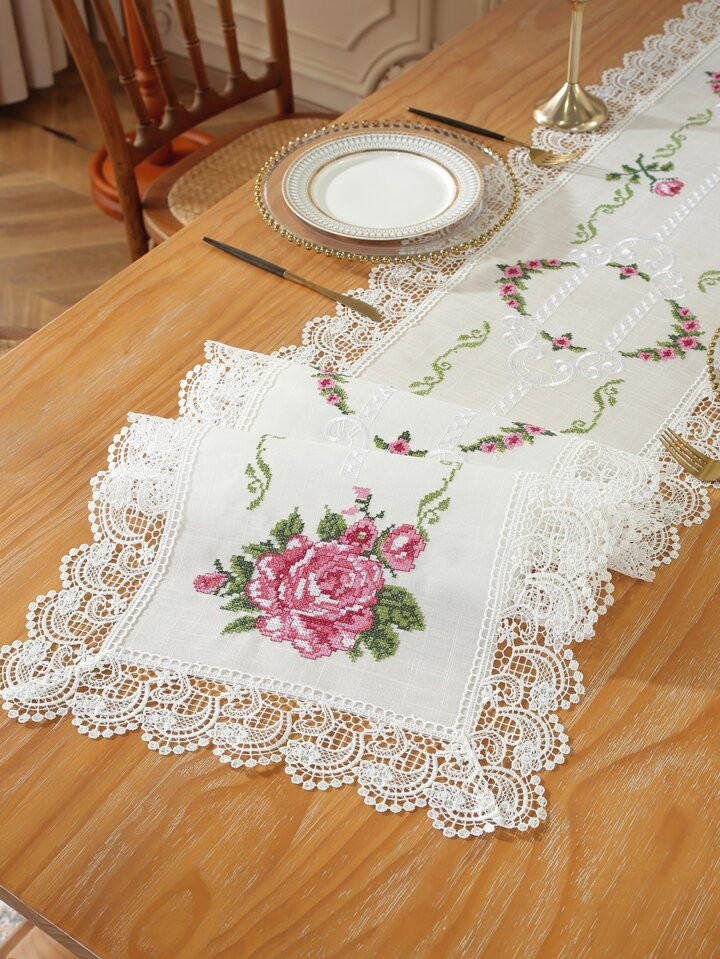 Polyester stof Prachtig kruissteekborduurwerk, wateroplosbare holle kanten rand keukentafelloper,... | SHEIN