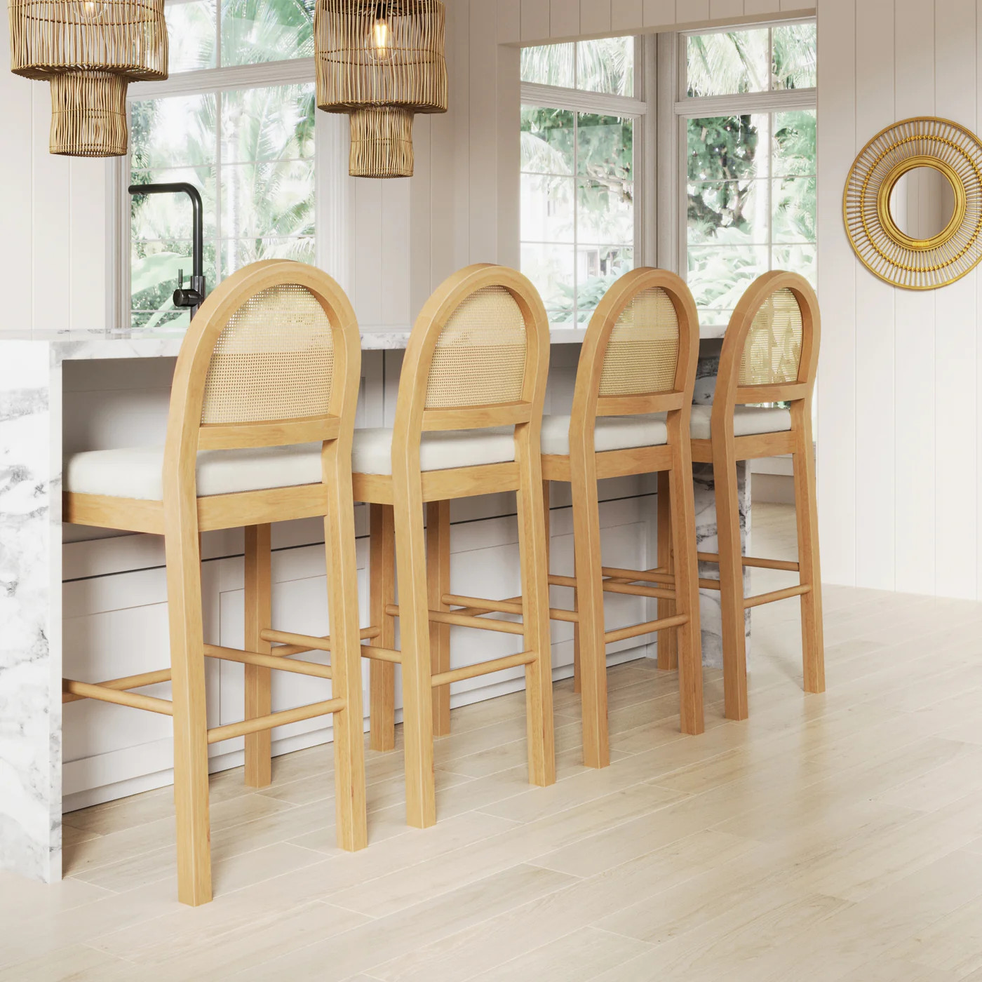 Boucle & Rattan Bar Stools Warm Pine (Set of 4) | Nathan James