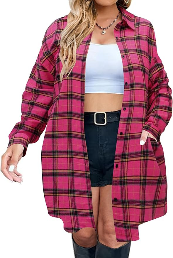 IN'VOLAND Womens Plus Size Plaid Flannel Shirt Long Sleeve Button Down Blouses Tops Shacket Jacke... | Amazon (US)