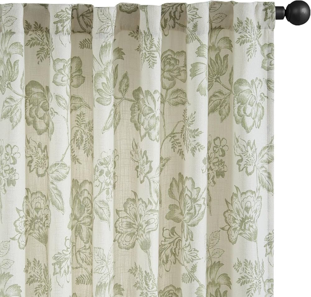 jinchan Floral Curtains Burlap Look Curtains 96 Inch Long Faux Linen Green Flower Patterned Drape... | Amazon (US)