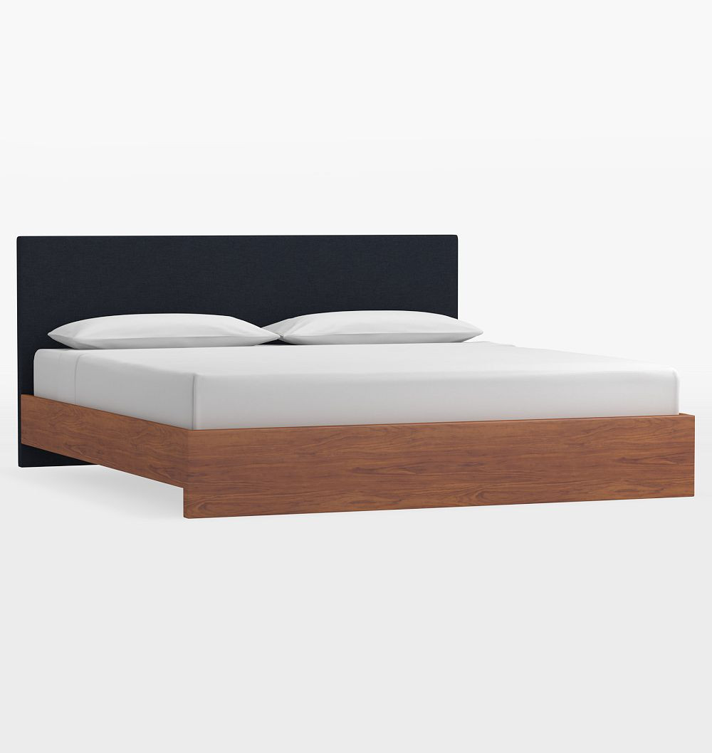 Valley Bed with Upholstered Headboard - Belgian Linen Navy - Walnut - King | Rejuvenation