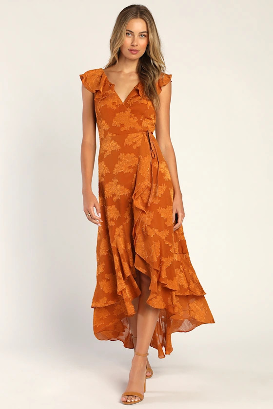 Adorable Aura Burnt Orange Floral Burnout High Low Wrap Dress | Lulus (US)