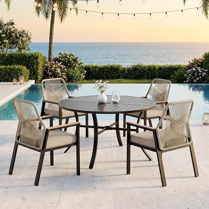 5 Pieces Patio Dining Set, 4 x Woven Rattan Chairs with Waterproof Cushion, 42” Metal Round Din... | Amazon (US)