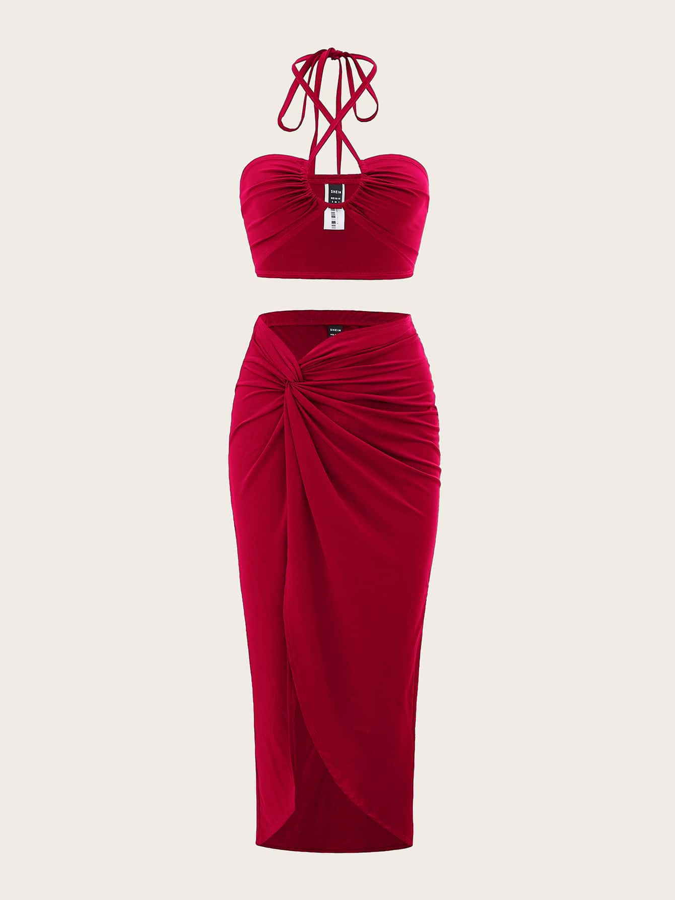 SHEIN ICON Tie Backless Halter Top & Twist Front Skirt | SHEIN