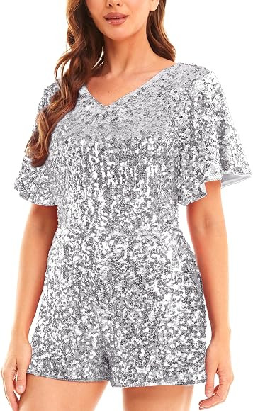 MANER Women's Sequin Romper, Sparkly Short Jumpsuit with Flutter Sleeve for Party, Concert Outfit | Amazon (US)