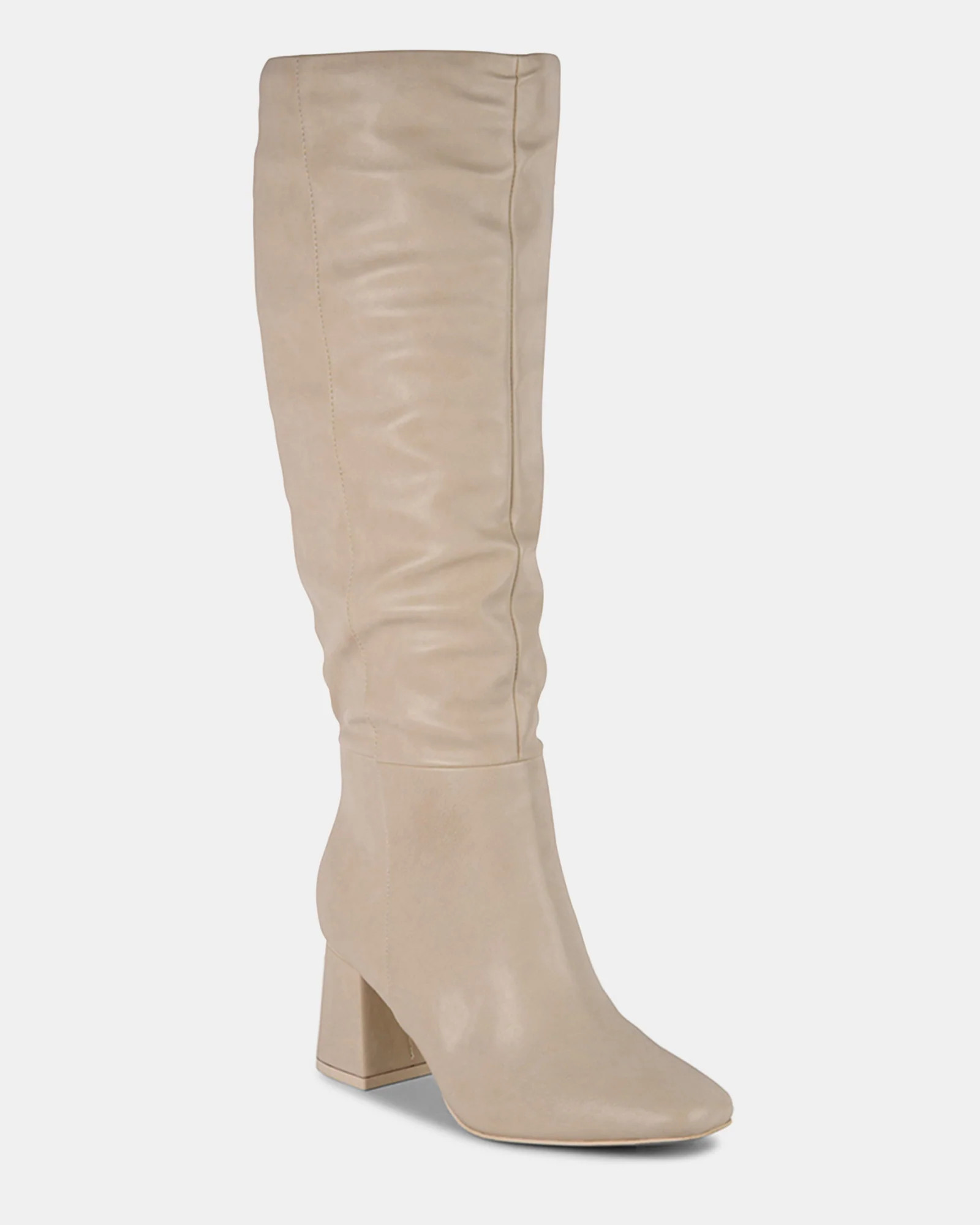 SIRENA Natural Ruched Knee-High Block Heel Boot | Women's Designer Boots | Steve Madden (Canada)