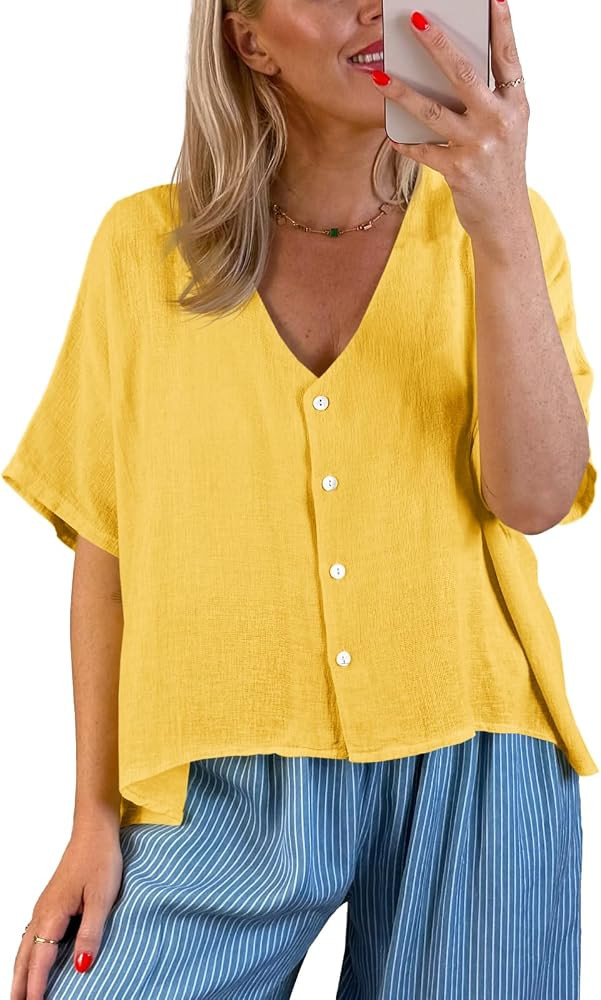 Tankaneo Womens Shirt Tops Batwing Short Sleeve Blouse Button Down Shirts | Amazon (US)