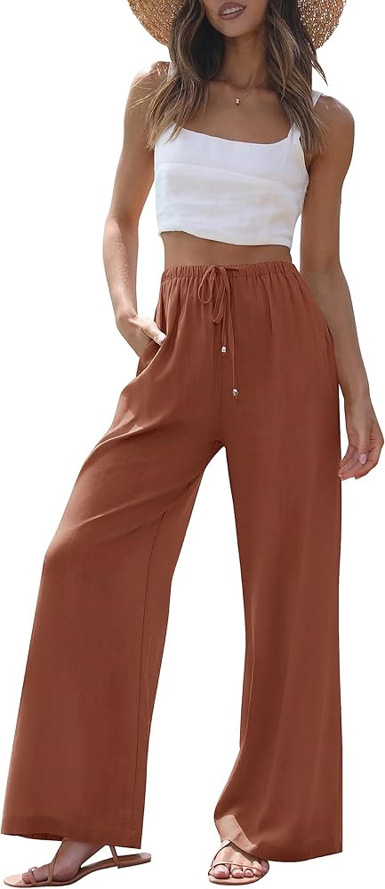 ZESICA Women's Summer Linen Wide Leg Flowy Palazzo Pants Casual High Waisted Loose Trousers with ... | Amazon (US)