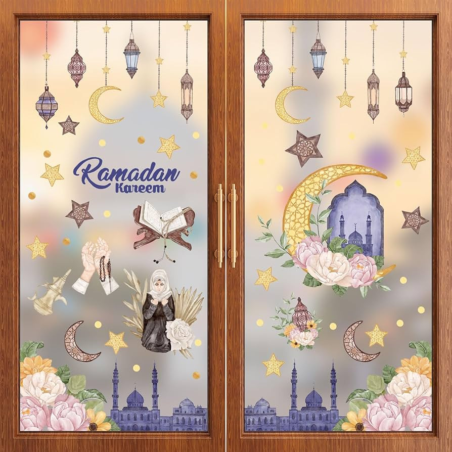 ZAWE 9 Sheets Watercolor Castle Lantern Stars Moons Flowers Ramadan Kareem Window Clings Double-S... | Amazon (US)