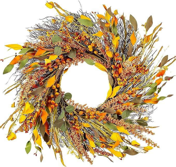 WANNA-CUL 22 inch Fall Wreath Decor for Front Door with Hawthorn ,Small Pumpkin,Grain,Lantern Fru... | Amazon (US)