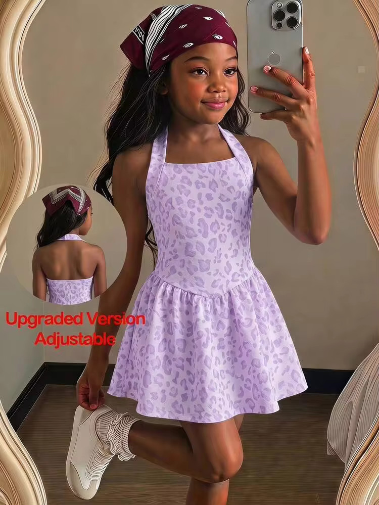 SHEIN Young Girls Casual Fashion Polka Dot Halter Neck A-Line Dress | SHEIN
