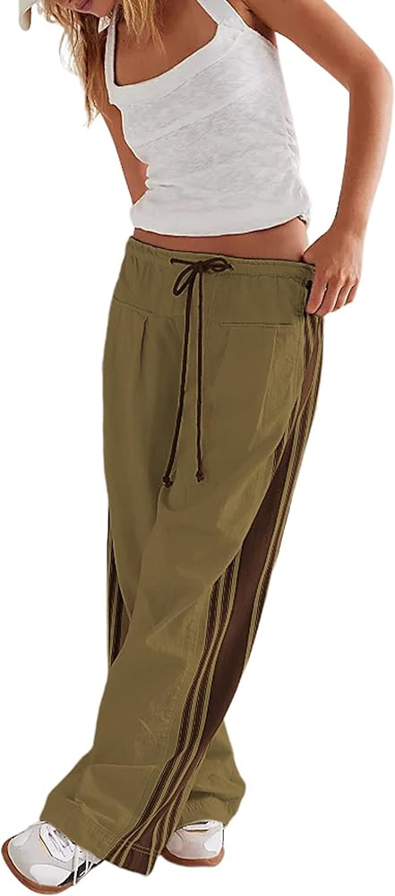 Hongsui Women's Wide Leg Pants Drawstring High Rise Side Striped Slouchy Palazzo Pants with Pocke... | Amazon (US)